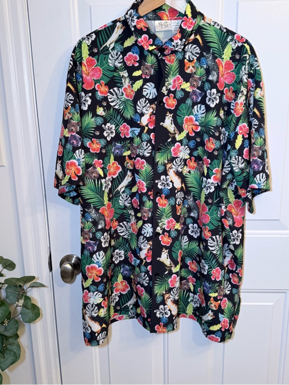 Tropical Floral Button-Down Shirt with Cats